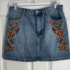 Forever 21 Blue Denim Skirt with Floral Embroidery